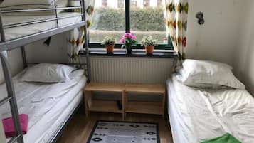 A dormitory room with two single beds, a wooden bench, a patterned rug, and potted plants by the window.