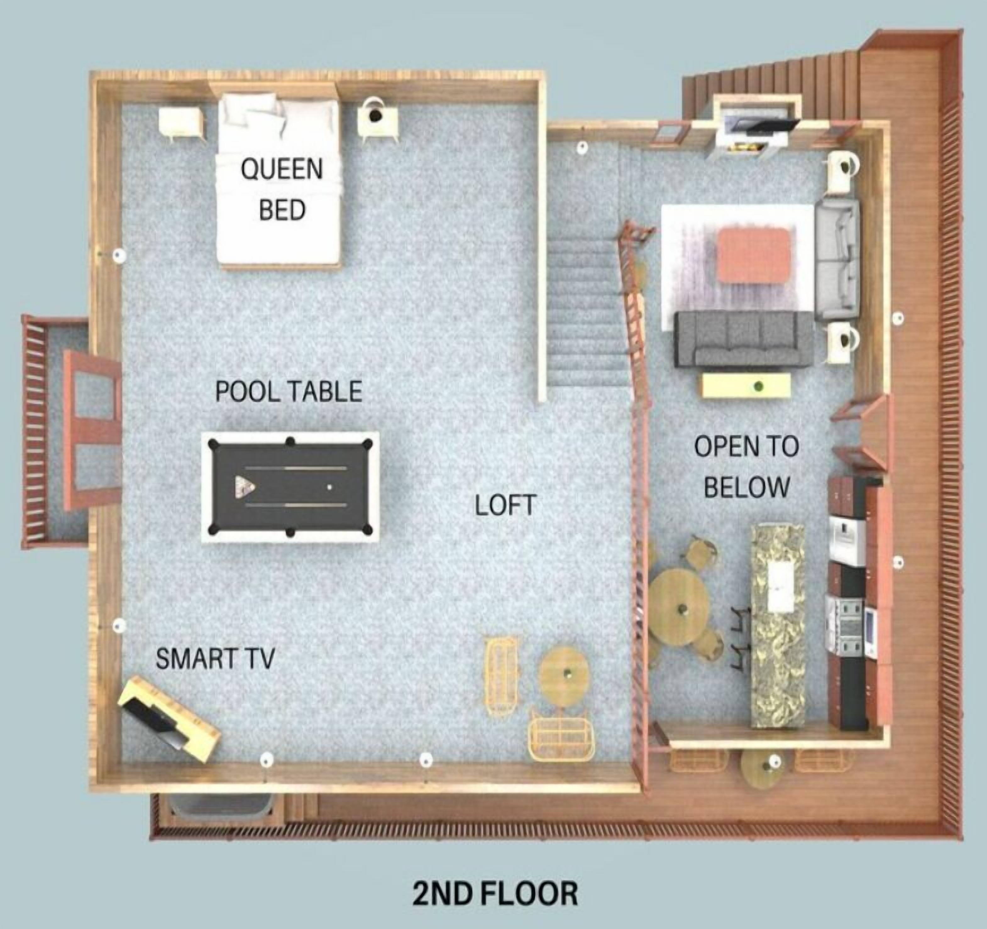 Distribución de un segundo piso con una cama tamaño queen, mesa de billar, televisor inteligente y zona abierta al balcón.