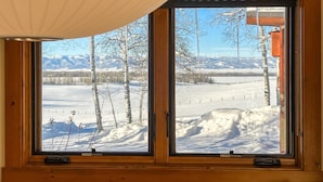 Una ventana con vistas a un paisaje nevado, con árboles y montañas.