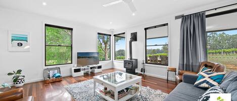 Smart TV, fireplace, Netflix, books