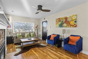 Smart TV, chimenea, reproductor de DVD y libros 