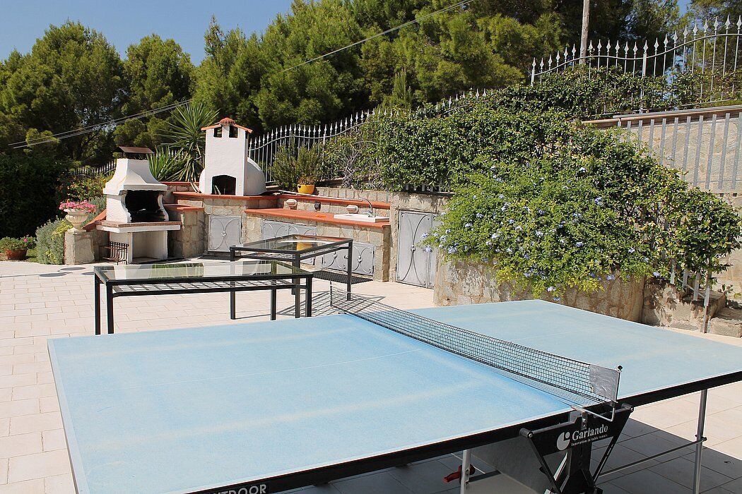 Mesa de ping pong al aire libre con una chimenea y plantas en macetas al fondo.