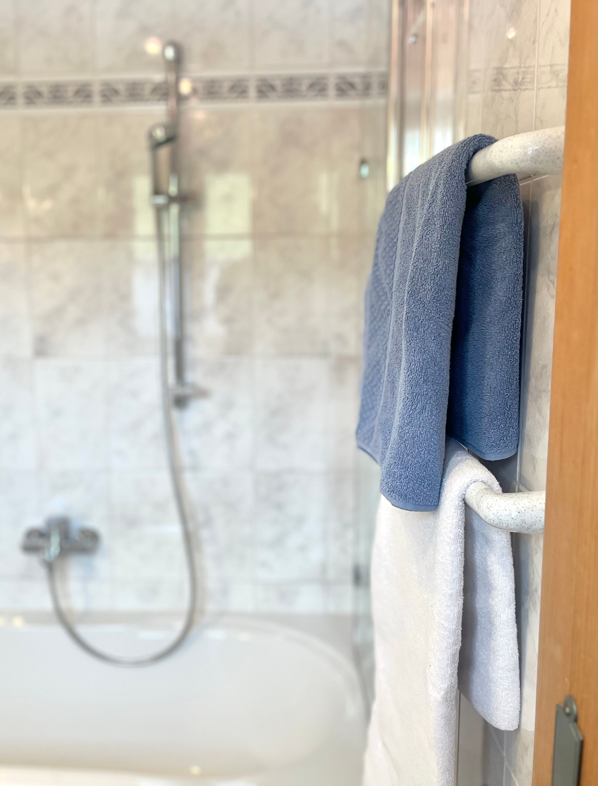 Dusche, Haartrockner, Handtücher, Seife