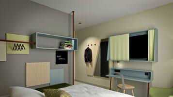 A modern bedroom with a bed, a desk, a chair, and a wardrobe.