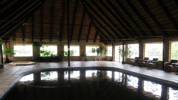 Una piscina techada con suelo de baldosas, rodeada de plantas en macetas y zonas de descanso.