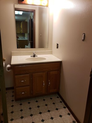 Combined shower/tub, towels, soap, toilet paper