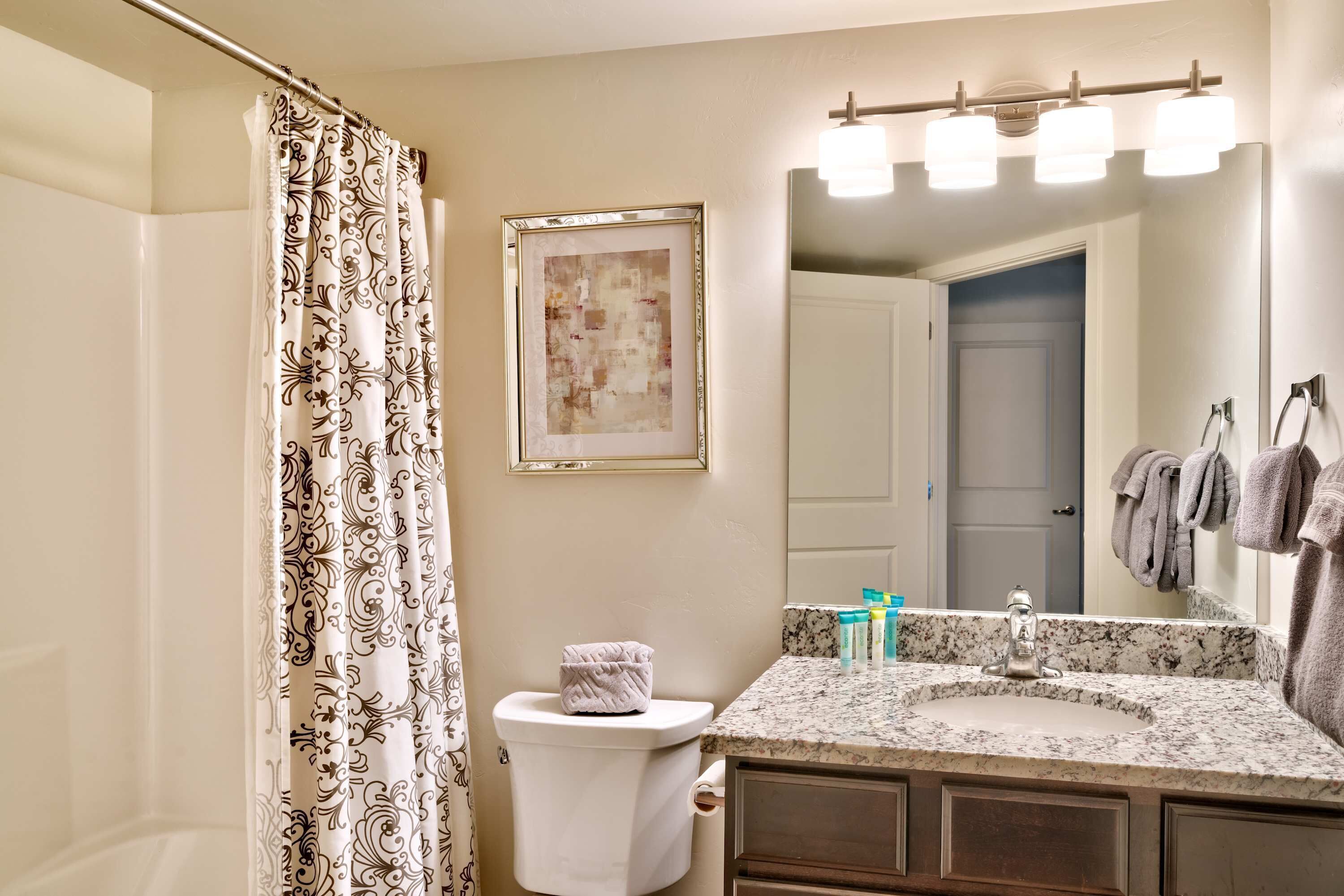 Une salle de bain équipée d’un rideau de douche, de toilettes, d’un lavabo, d’un miroir et d’un porte-serviettes.