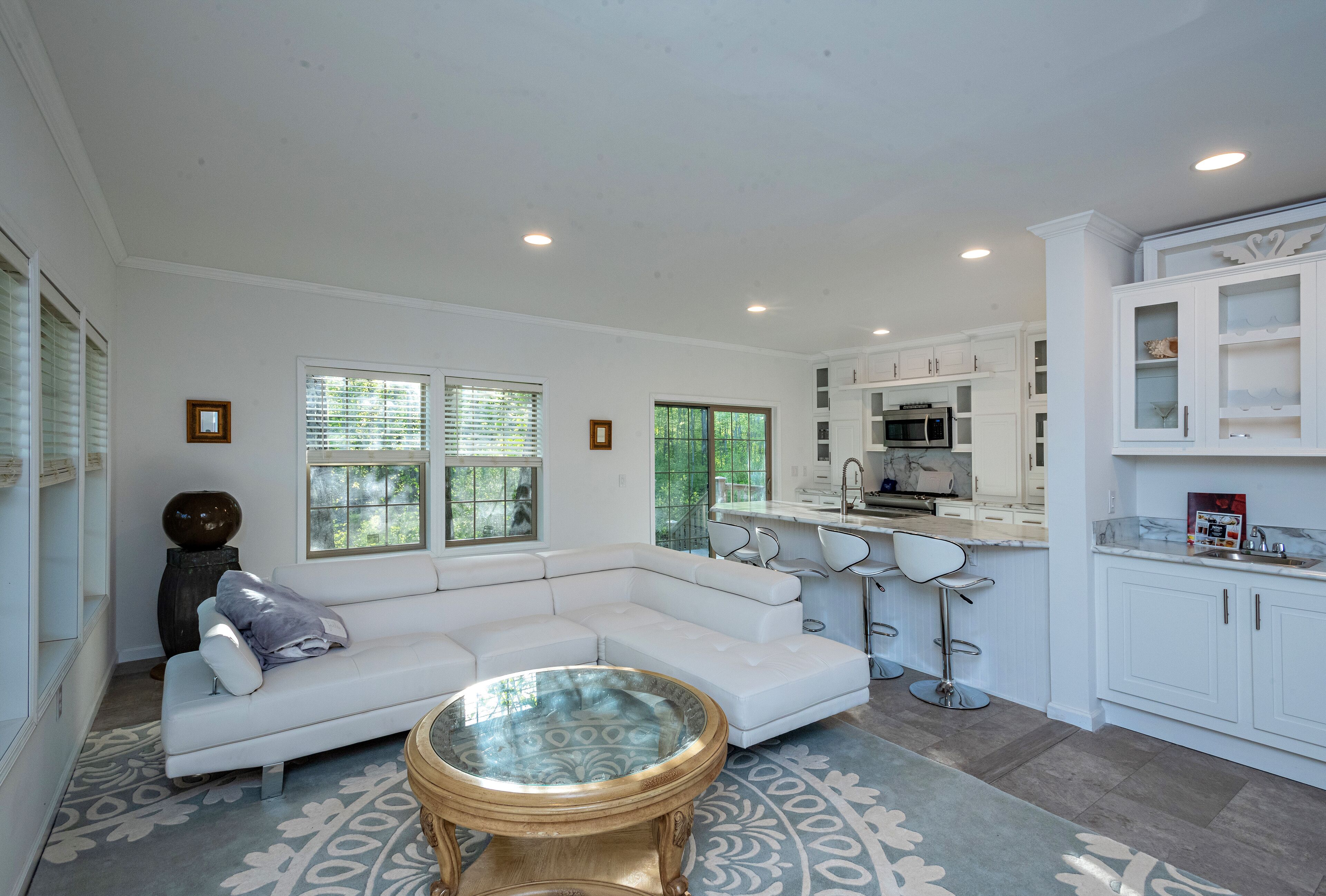 Modern waterfront fireplace in bedroom/bath jetted tub  walk in shower no steps