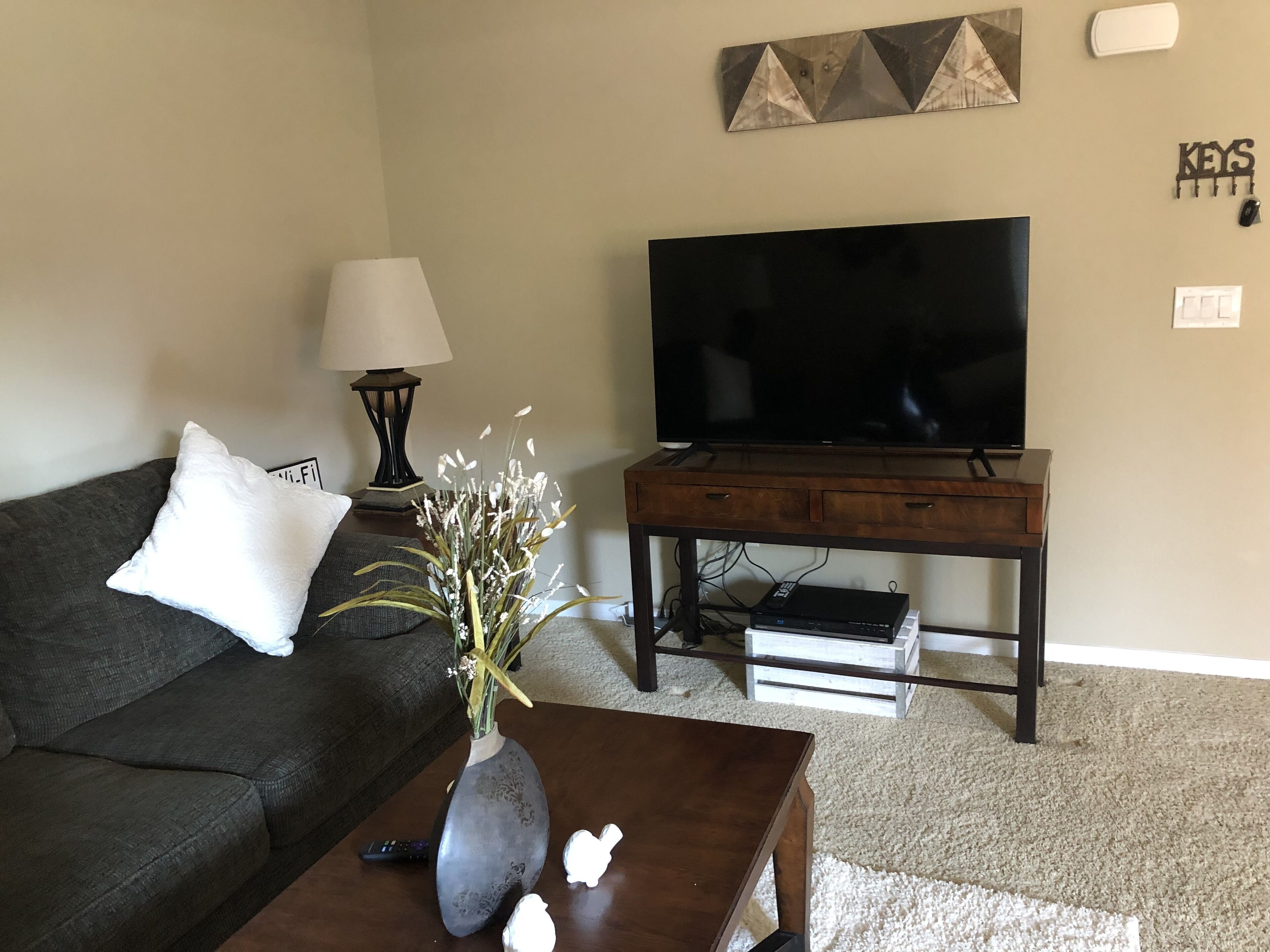 A living room with a dark-colored sofa, a wooden coffee table with a vase of flowers, a flat-screen TV on a wooden stand, and a lamp on a side table.