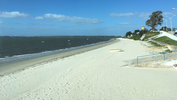 Une plage avec un ciel dégagé, un rivage sablonneux et quelques bateaux sur l’eau.