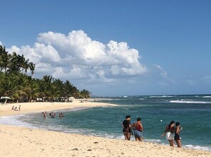 On the beach, sun-loungers, beach towels
