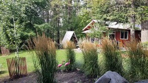 A red cabin surrounded by tall trees and a grassy yard.