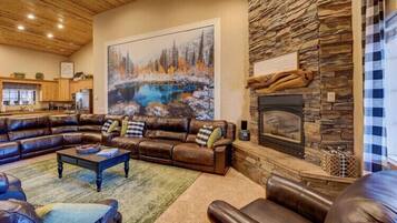 Smart TV, chimenea, reproductor de DVD y libros