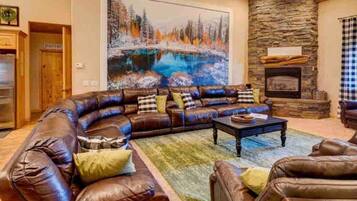 Smart TV, chimenea, reproductor de DVD, libros