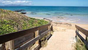 Un muelle de madera que lleva a una playa arenosa con agua azul cristalina y montañas al lejano.