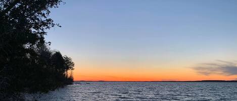 A calm body of water with a clear horizon and a tree-lined shore.