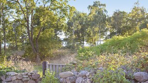 En stenmur med en träbänk i en naturlig miljö med träd och växtlighet.