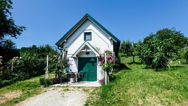 A small, white building with a green door and a triangular roof, surrounded by greenery and a gravel path. - Kellerstoeckl in Strem (Strem)
