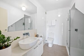 Shower, hair dryer, towels