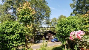 A wooden cabin surrounded by lush greenery, a paved driveway, and a potted plant with pink flowers.