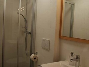 Een badkamer met een glazen douchecabine, een toiletpapierhouder, een wastafel met spiegel en een lichtschakelaar.