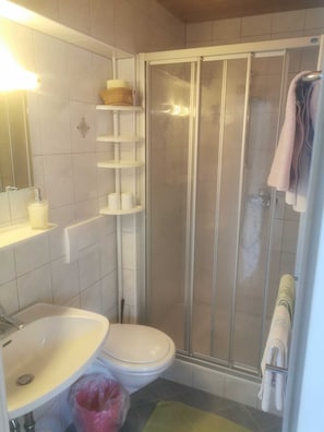 A bathroom with a toilet, sink, and shower. - Ferienwohnung 4 1 - Gästehaus Obererlacher (Obertilliach)