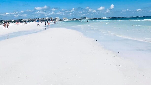 Una playa con cielos despejados y algunas personas caminando por la orilla.