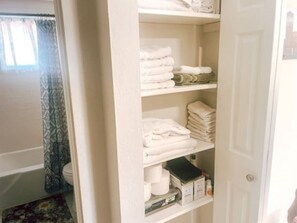 A closet with neatly folded towels and toiletries.