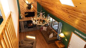 Télévision, cheminée, livres