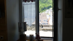 A window with a view of a green hillside and buildings.