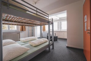 A bunk bed room with a ladder, a radiator, and a window with curtains. - Arosa Mountain Lodge (Arosa)