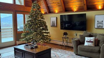 Smart-TV, Kamin, Videospiele, Bücher