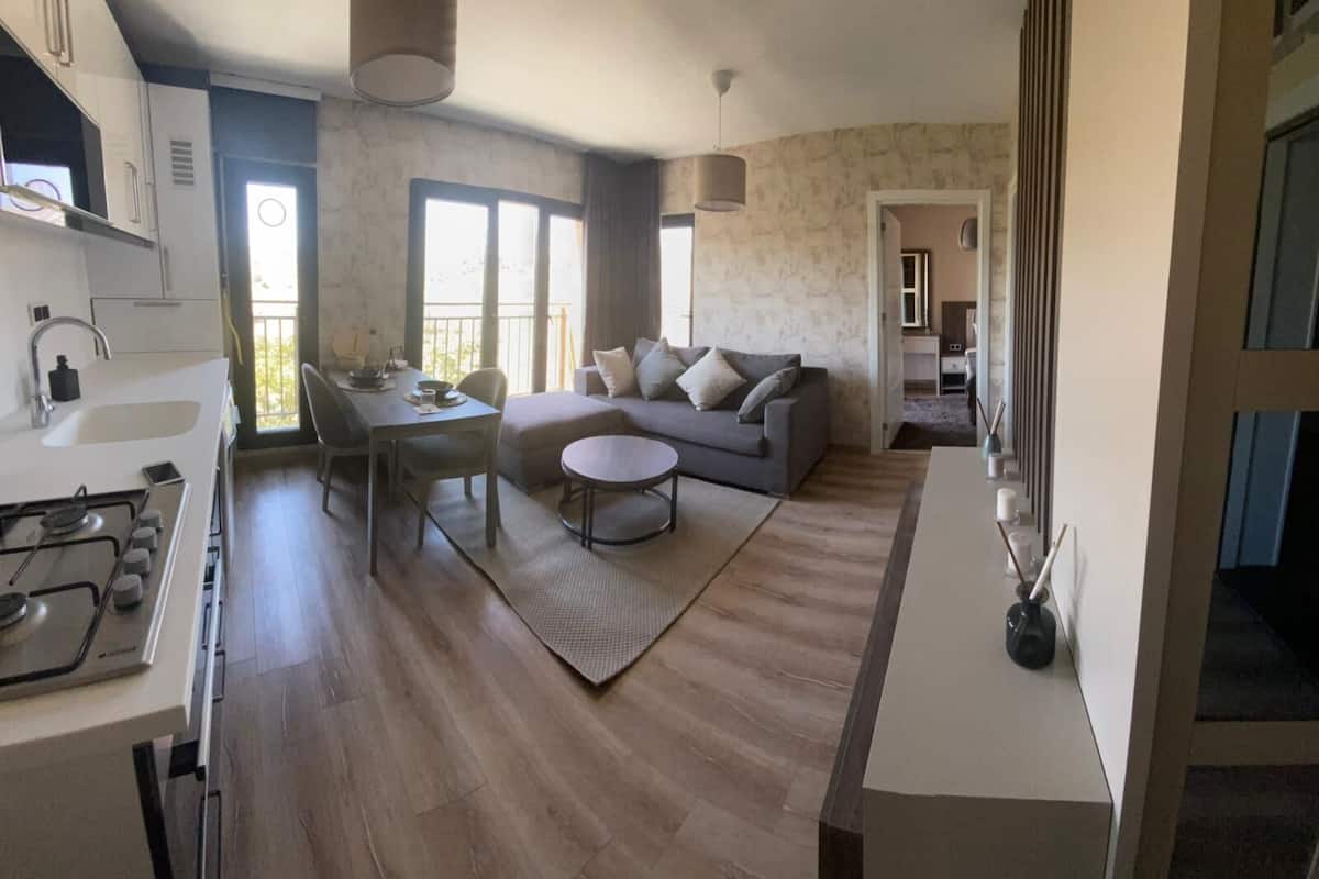 Departamento ejecutivo, vista a la colina | Cocina privada | Refrigerador, parrilla de estufa y utensilios de cocina