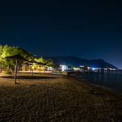 Plage, chaises longues, parasols, bar de plage