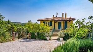A yellow villa with a tiled roof, surrounded by lush greenery and a gravel driveway. - COUNTRY FAMILY VILLA 10 BEDS WITH PRIVATE POOL (CASTELLINA MARITTIMA PISA)