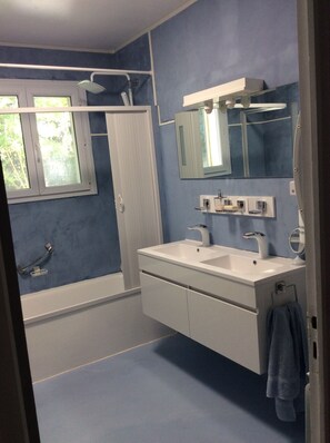 Hair dryer, towels, soap, toilet paper