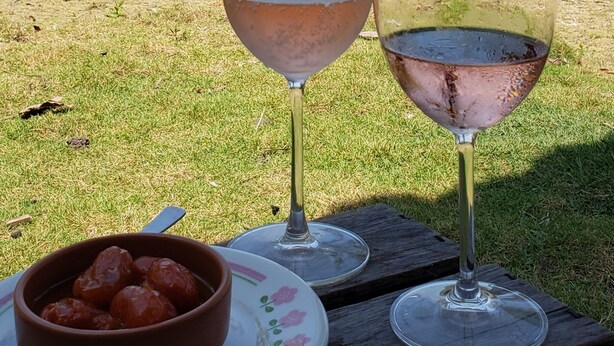 Dos copas de vino sobre una mesa de madera, con un bol de comida, frente a un fondo de césped y una palmera.