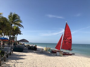 Enjoy a serene beach experience with a sailboat available for rent nearby.