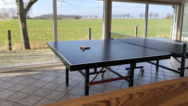 Una mesa de ping pong en una habitación con ventanas amplias que dan a un campo verde.