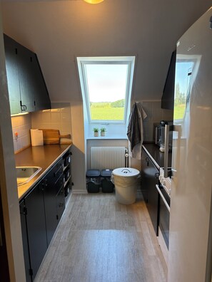 A compact kitchen with a window, a radiator, and a trash bin.