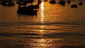 Un atardecer sobre un puerto con barcos.