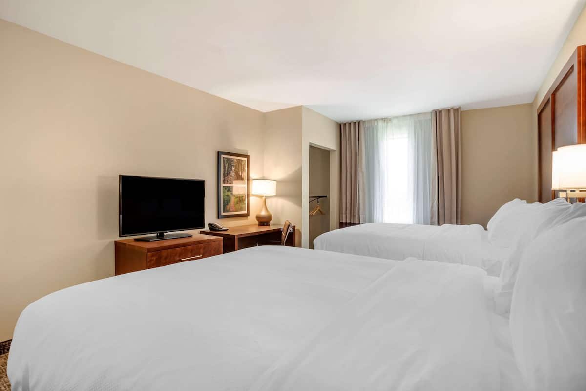 Ett hotellrum med två sängar, en tv, ett skrivbord med en lampa och en tavla på väggen.