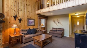 Flat-screen TV, fireplace