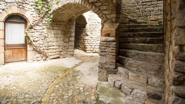 A stone courtyard with a wooden door and a staircase. - DOMAINE DU VERNADEL GITE VERNADE  (Asperjoc)
