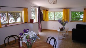 A room with a dining table, chairs, a sofa, a small table with a vase of flowers, and windows with curtains. - DOMAINE DU VERNADEL GITE VERNADE  (Asperjoc)