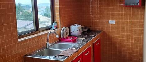 Fridge, microwave, stovetop, electric kettle