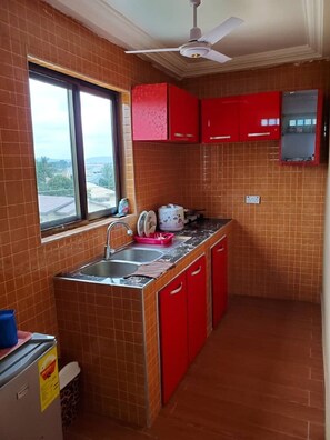 Fridge, microwave, stovetop, electric kettle