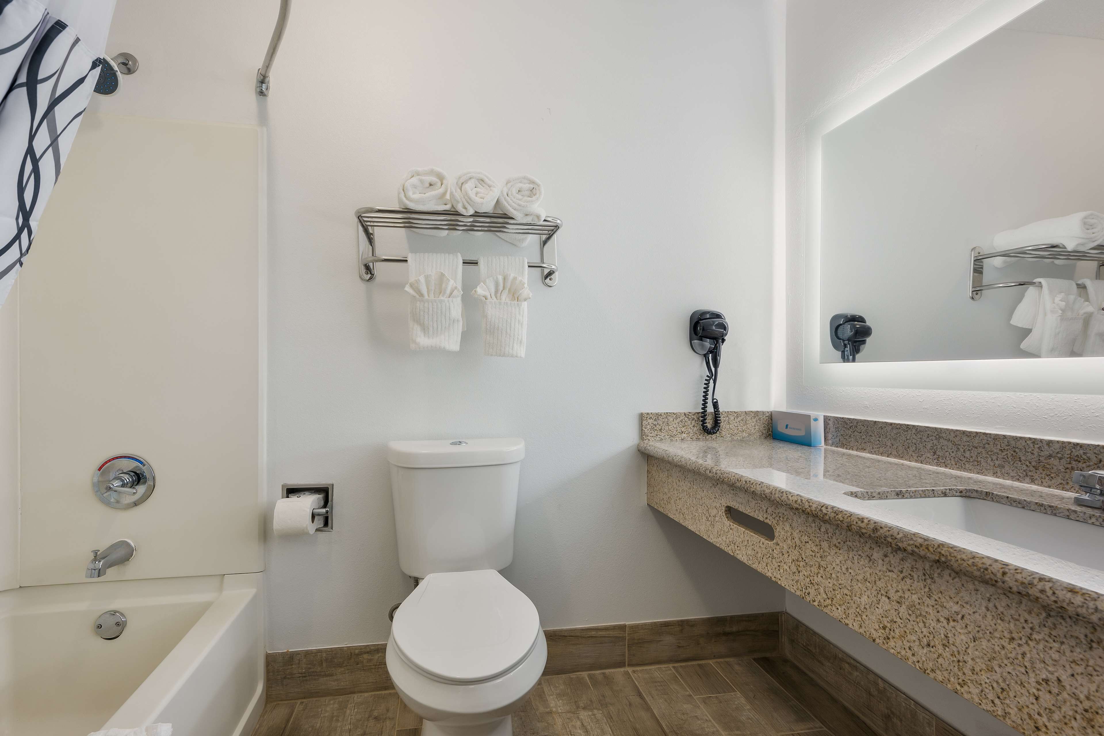 hair dryer, towels, soap, shampoo