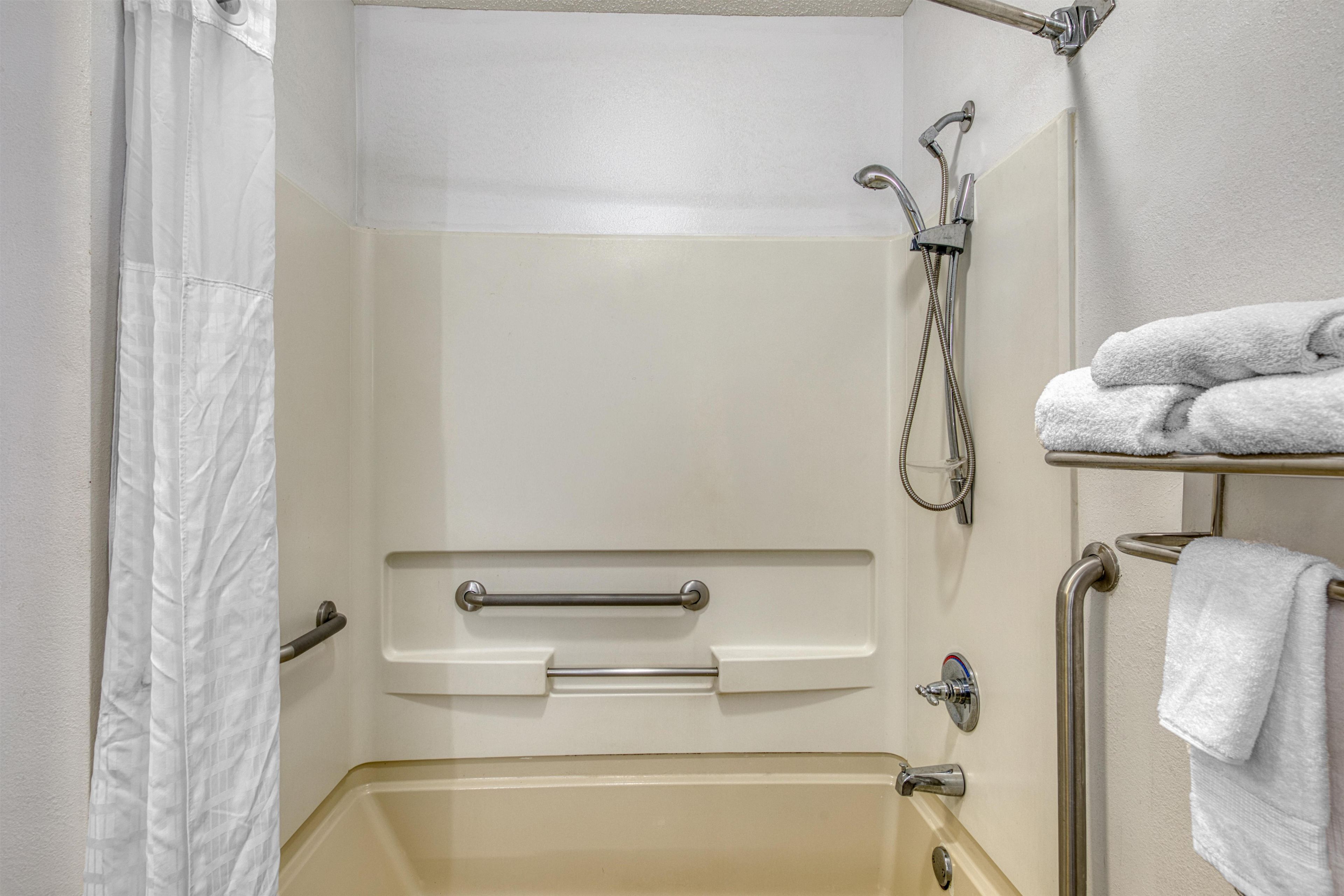 Hair dryer, towels, soap, shampoo