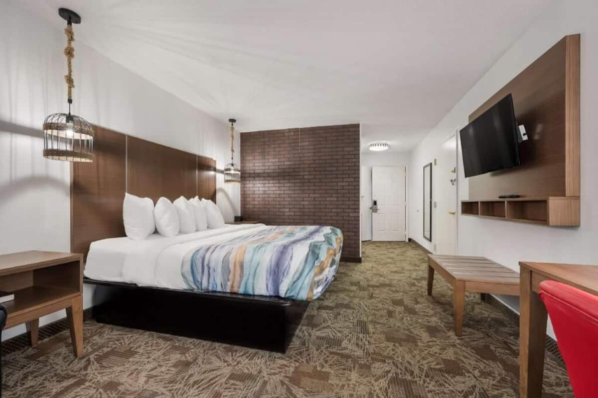 A hotel room with a bed, a TV mounted on the wall, a wooden bench, and a patterned carpet.